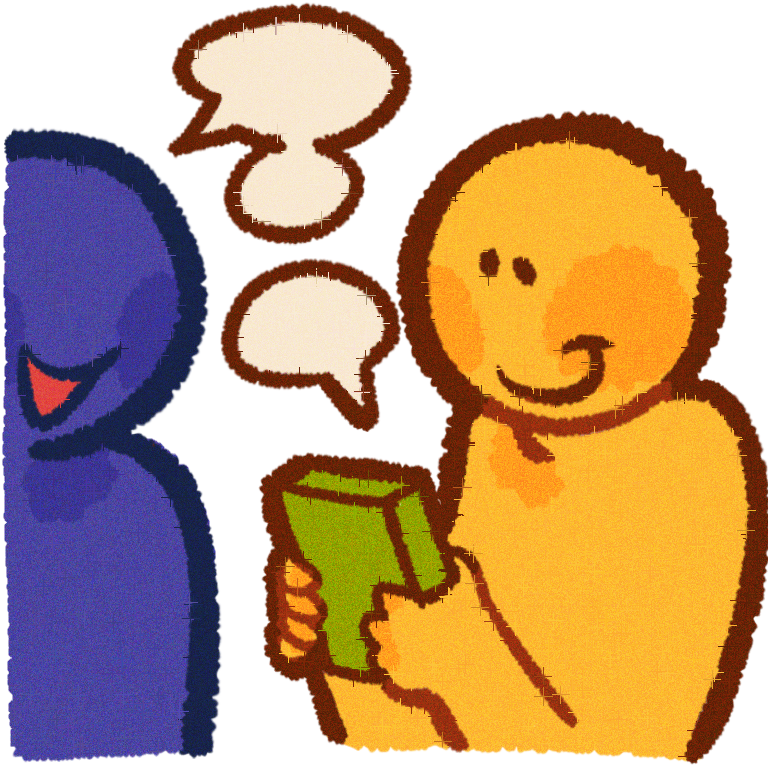  A yellow person holding a green AAC device , next to an indigo person . They are talking to each other .